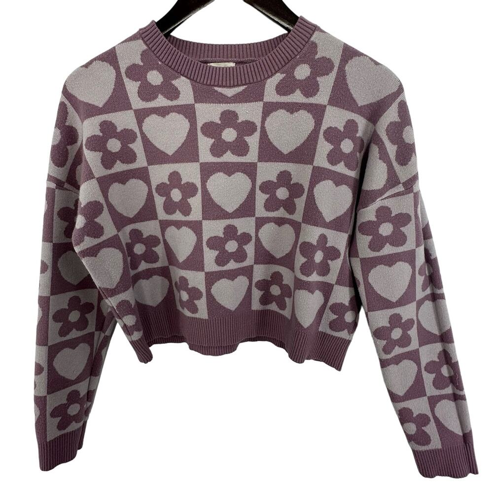 Debut Retro Purple Floral / Hearts Crop Sweater Size Medium Hippy Groovy Y2K